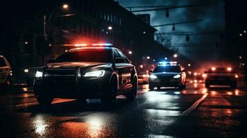 Police car with flasher lights at night street. Generative AI photo
