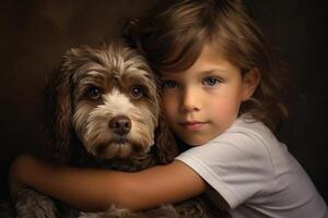 Girl and dog portrait. Pet care. People emotions. Generative AI photo