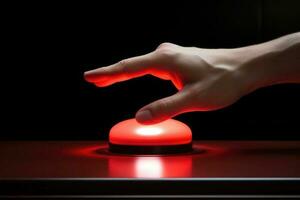 World war concept. Hand push red button for nuclear attack. Generative AI photo