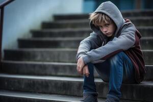 School boy sitting alone at stairs. Victim of school bullying. Generative AI photo