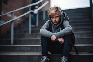 School boy sitting alone at stairs. Victim of school bullying. Generative AI photo