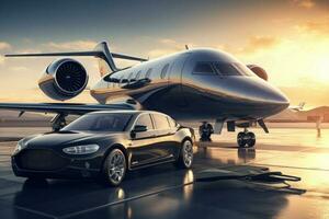 Private jet and luxury car in airport. Generative AI photo