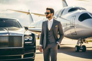 Businessman in suit stands next to private plane. Generative AI photo