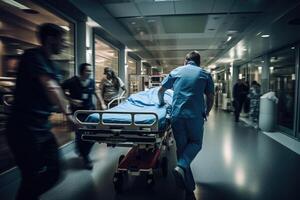 Hospital emergency team rush patient in clinic corridor. photo
