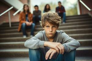 School boy sitting alone at stairs. Victim of school bullying. Generative AI photo