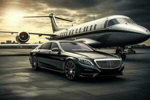 Private jet and luxury car in airport. Generative AI photo
