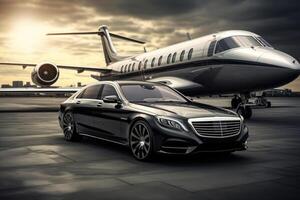 Private jet and luxury car in airport. photo