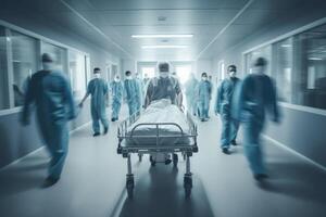Hospital emergency team rush patient in clinic corridor. photo