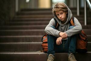 School boy sitting alone at stairs. Victim of school bullying. Generative AI photo