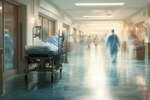 Hospital emergency team rush patient in clinic corridor. Generative AI photo