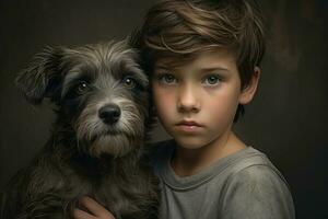 Boy and dog portrait. Pet care. People emotions. Generative AI photo