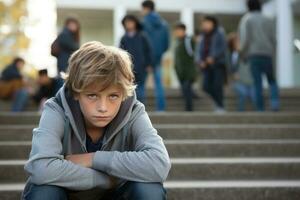 School boy sitting alone at stairs. Victim of school bullying. Generative AI photo
