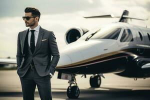 Businessman in suit stands next to private plane. Generative AI photo