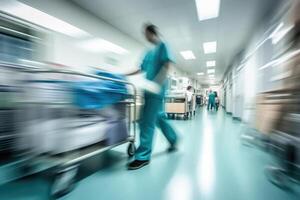 Hospital emergency team rush patient in clinic corridor. Generative AI photo