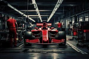 Formula one racing car in garage. photo
