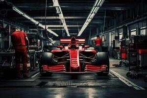 Formula one racing car in garage. Generative AI photo