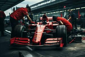 Formula one racing car in garage. Generative AI photo