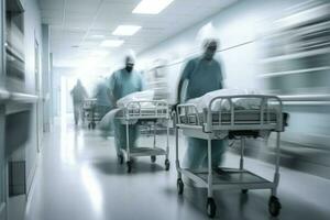 Hospital emergency team rush patient in clinic corridor. Generative AI photo