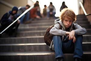 colegio chico sentado solo a escaleras. víctima de colegio acoso. generativo ai foto