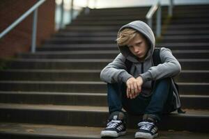 School boy sitting alone at stairs. Victim of school bullying. Generative AI photo