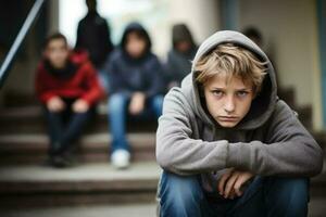 School boy sitting alone at stairs. Victim of school bullying. Generative AI photo