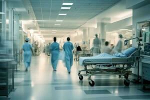 Hospital emergency team rush patient in clinic corridor. Generative AI photo