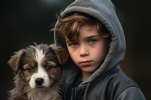 Boy and dog portrait. Pet care. People emotions. Generative AI photo