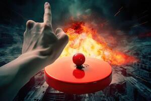 World war concept. Hand push red button for nuclear attack. Generative AI photo