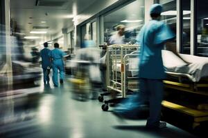 Hospital emergency team rush patient in clinic corridor. Generative AI photo