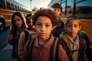 multirracial compañeros de clase cerca amarillo colegio autobús. espalda a escuela. generativo ai foto