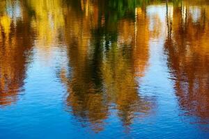 Autumn background. Reflection of blurred colorful autumn trees in a river photo
