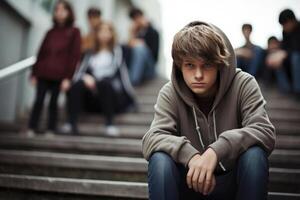 School boy sitting alone at stairs. Victim of school bullying. Generative AI photo