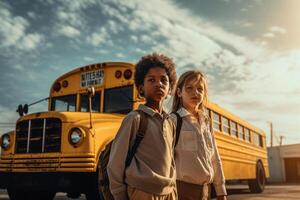 multirracial compañeros de clase cerca amarillo colegio autobús. espalda a escuela. generativo ai foto