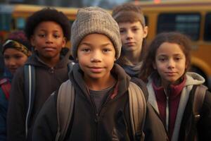 Multiracial classmates near yellow school bus. Back to School. Generative AI photo