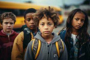 Multiracial classmates near yellow school bus. Back to School. Generative AI photo