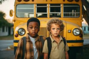 multirracial compañeros de clase cerca amarillo colegio autobús. espalda a escuela. generativo ai foto