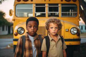 Multiracial classmates near yellow school bus. Back to School. photo