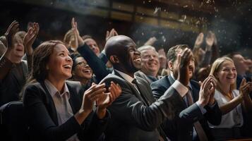 Business people clapping at conference. Generative AI photo