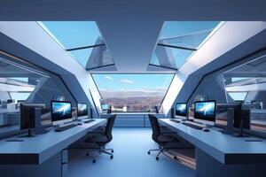 Modern office interior with computers for working. photo
