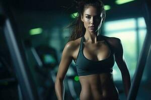 Beautiful woman has fitness exercises in gym. Generative AI photo