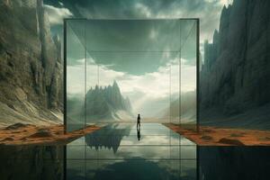 Man silhouette standing in mountain landscape with mirror portal. Generative AI photo