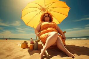 Plus size woman relaxing on beach. Obesity concept. photo
