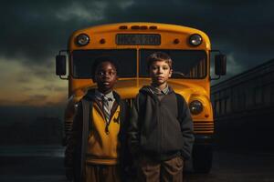 Multiracial classmates near yellow school bus. Back to School. Generative AI photo