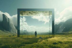 Man silhouette standing in mountain landscape with mirror portal. Generative AI photo