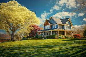 Traditional american house facade in suburb. Generative AI photo