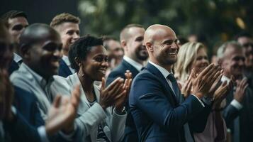 Business people clapping at conference. Generative AI photo