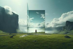 Man silhouette standing in mountain landscape with mirror portal. Generative AI photo