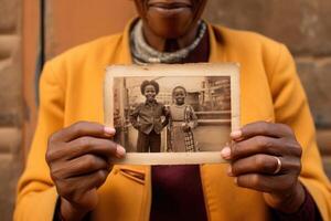 Elderly black woman holds an old photograph in her hands. Generative AI photo