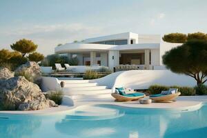 Luxury hotel resort exterior with swimming pool. Lounge zone. Generative AI photo