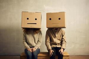 Man and woman with cardboard boxes on head. photo